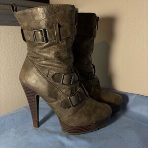 Elegant Taupe Heeled Boots with Buckle Detail